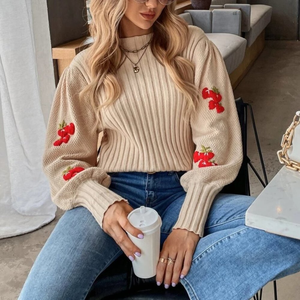 Strawberry Ribbed Knit Sweater Top Cozy Khaki - Picture 2 of 6